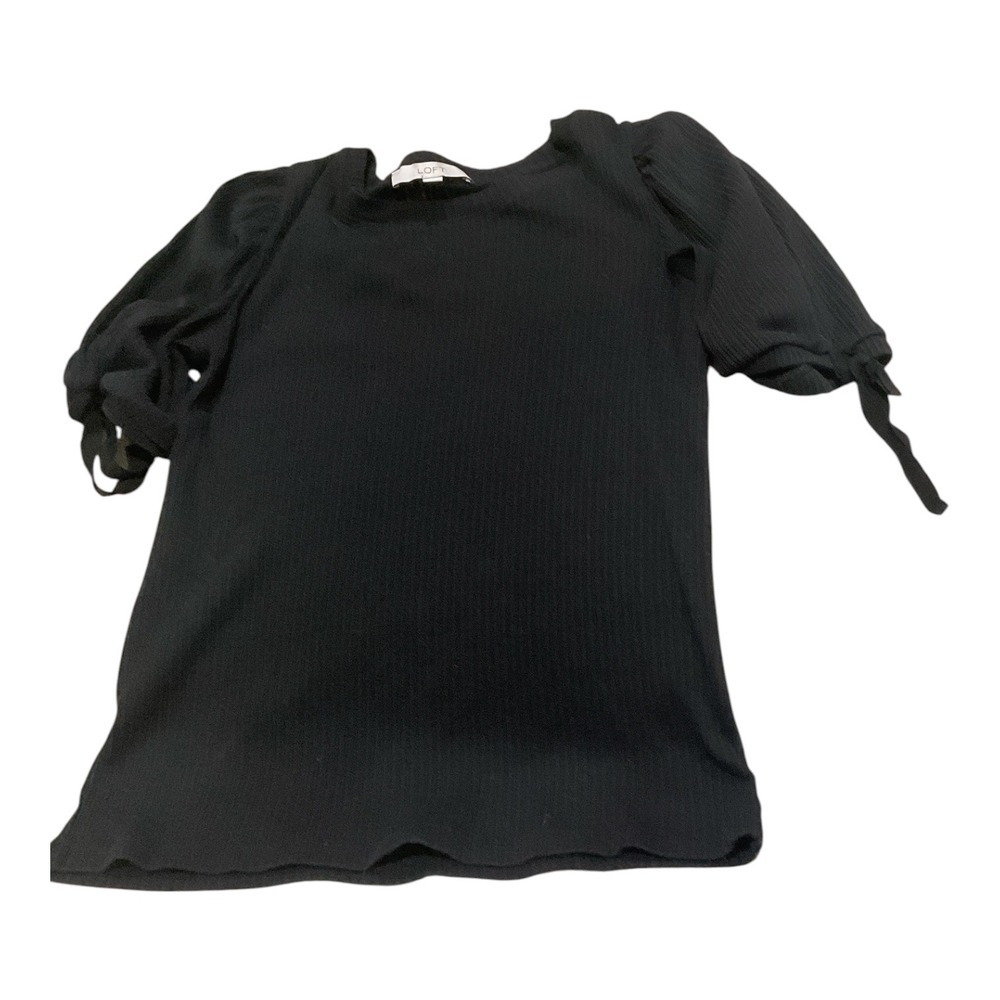 Loft Women Black Ribbed Knit Puff Sleeve Tie Cuff Top Large